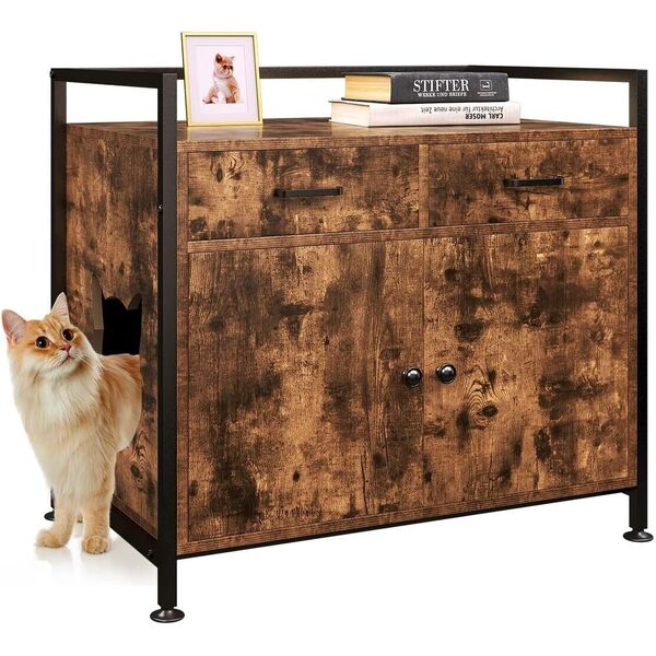 Wooden Cat Litter Box Enclosure Hidden 2 Drawer Cabinet  Pet Furniture Cat House