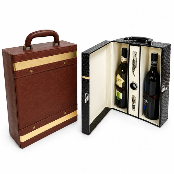Luxury  PU Leather 2 Bottle Oil Vinegar Wine Carrier Case BYO Wine Box Gift Set