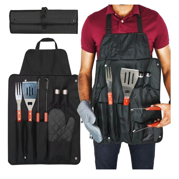 Foldable 7pc Stainless Steel BBQ Accessories Tool Utensil Grill Cook Apron Set
