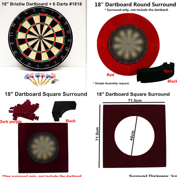 Official Size 18" Bristle Dartboard Flocked EVA Protection Surround Reversible