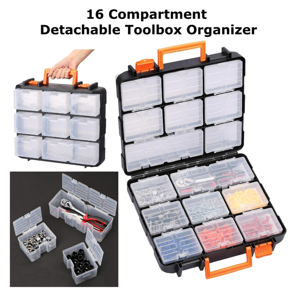 2-Sided 16 Removable Clear Bin Tool Box Screw Parts Organizer Fishing Tackle Box