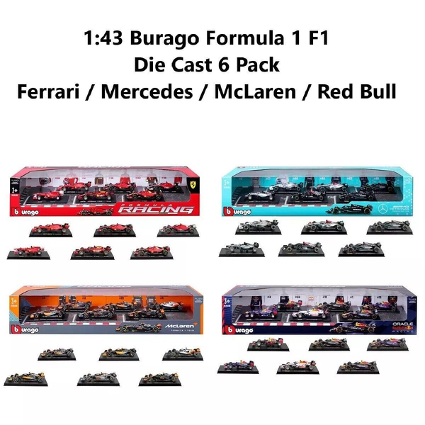 1:43 Burago Formula 1 F1 Car Model 6 Pack Set Ferrari Mercedes McLaren Red Bull