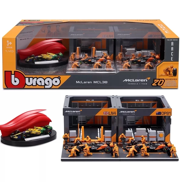 Burago 1:43 Formula One Racing Deluxe Paddock McLaren MCL38 Garages Pit Crew Set