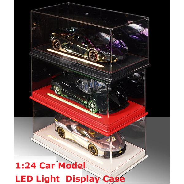 Figure Car Model Collection Arylic Clear Display Box Case LED Light &amp; PU Base