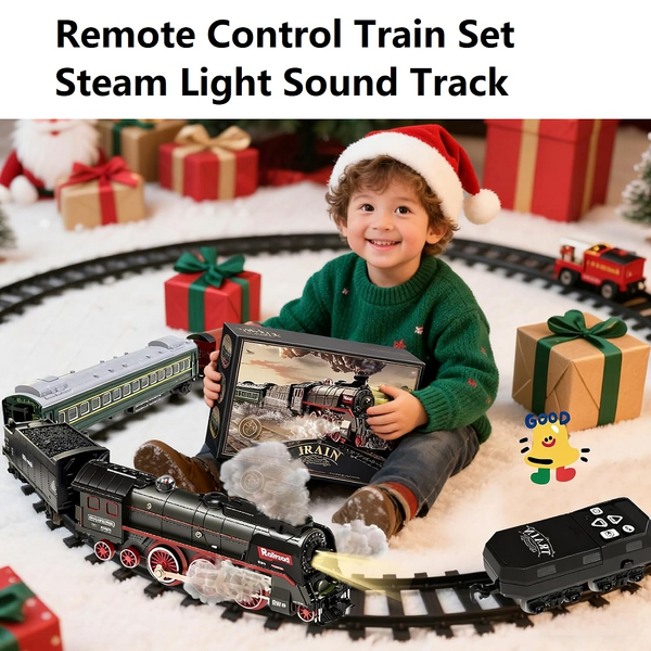 Remote Control Train Set XMAS RC Train Track Toy Set Steam Light Sound Effect