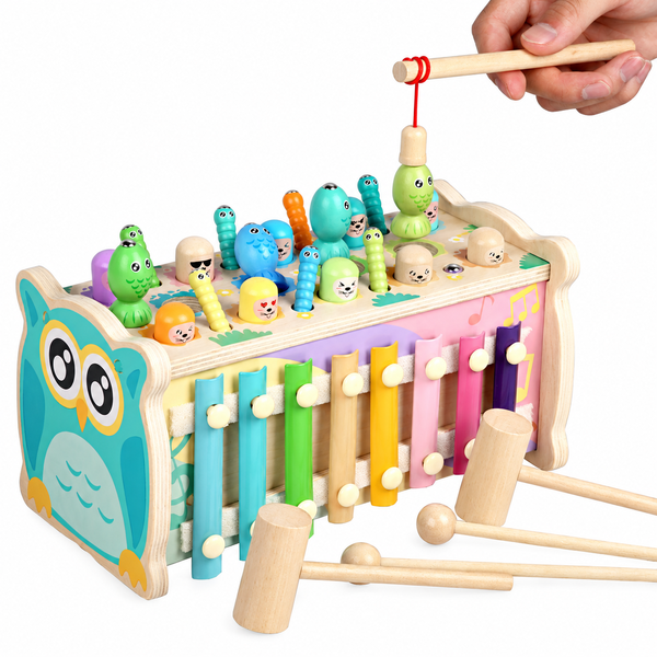 6-IN-1 Kid Wooden Hammering Pounding Toy Whack-a-Mole Magnetic Fishing Worm Toy