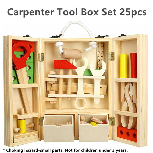 Kid Educational Pretend Toy Natural Wood Carpenter Tool Set &amp;gt;30pcs in Carry Case -