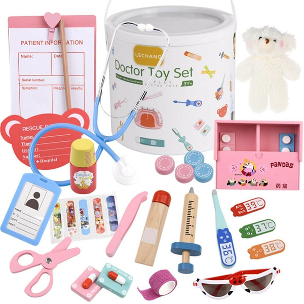 Kid Wooden Classic Pretend Toy Medical Role Play Doctor Barrel Set 30Pc -