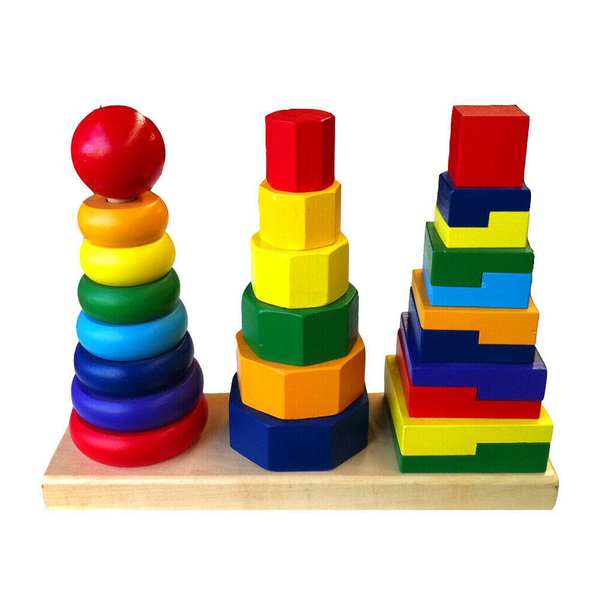 Kid Montessori Educational Toy Wooden Geometric Stacker Building Block Large -