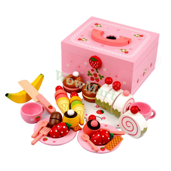 NEW Kid Classic Wooden Pretend Toy Food Cutting Toy High Tea Dessert Cake Set