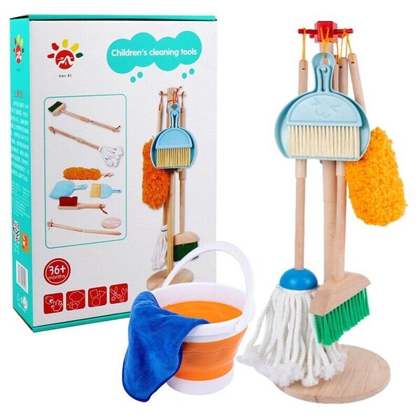 Kid Cleaner Wooden Pretend Play Toy 8 pc Cleaning Set Broom Mop Dust Pan Brush -