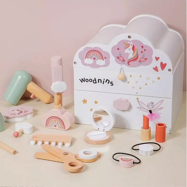 Kid Wooden Pretend Play Toy Girl Hair Salon Beauty Makeup Dress up &amp; Mirror Case -