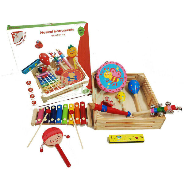 Kid Wooden Educational Music Toy Tambourine Maraca Xylophone etc 9 Pc &amp; Tray Set -