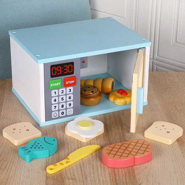Battery Light Sound Wooden Microwave Oven Kitchen Pretend Play Toy Cutting Toys -