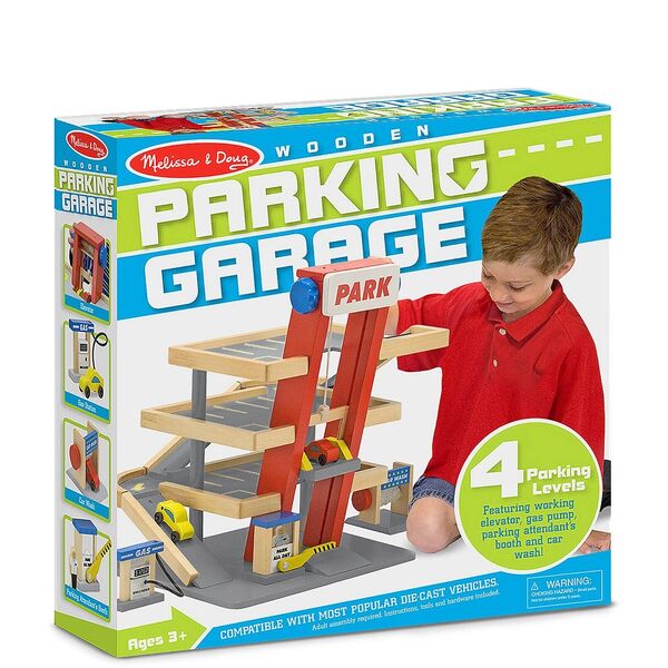 Melissa &amp; Doug 4T Car Parking Garage Servo Station Set Kid Wooden Pretend Toy 3+ -
