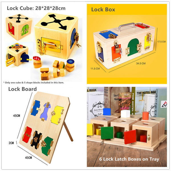 Kid Montessori Educational Practical Material Wooden Toy Lock Latch Box / Board -