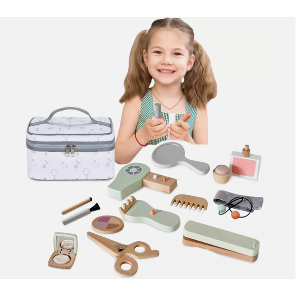 Kid Wooden Pretend Play Toy Beauty Hair Salon Makeup &amp; Bag Dryer Brush Set 16pcs -