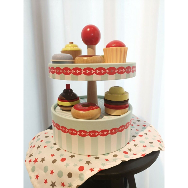 Kid Pretend Role Play Toy Wooden Cupcake Hi-Tea Dessert Cake Tower Stand 10pcs -