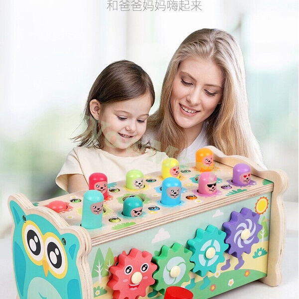 Kid Wooden Toy 4 in1 Mallet Hammer Pounding Bench Xylophone Fishing Spin Gear -