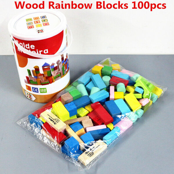 Kid Toddler Educational Wooden Toy 100pc Rainbow Building  Block &amp; Bucket Set -