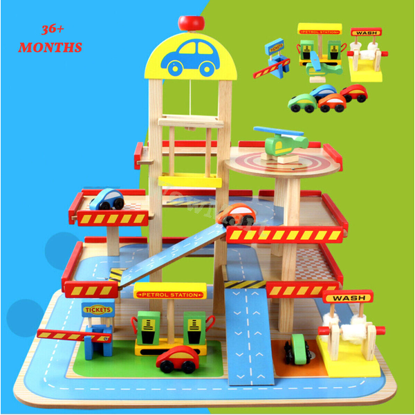 Kid Wooden Pretend Toy 4-Level Manual Lift Garage Servo Station Car Parking Set -