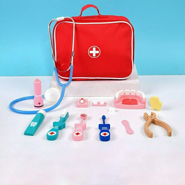 Wooden Role Pretend Play Toy Doctor Dentist Nurse Carry Bag Set Medical Kit 13pc -