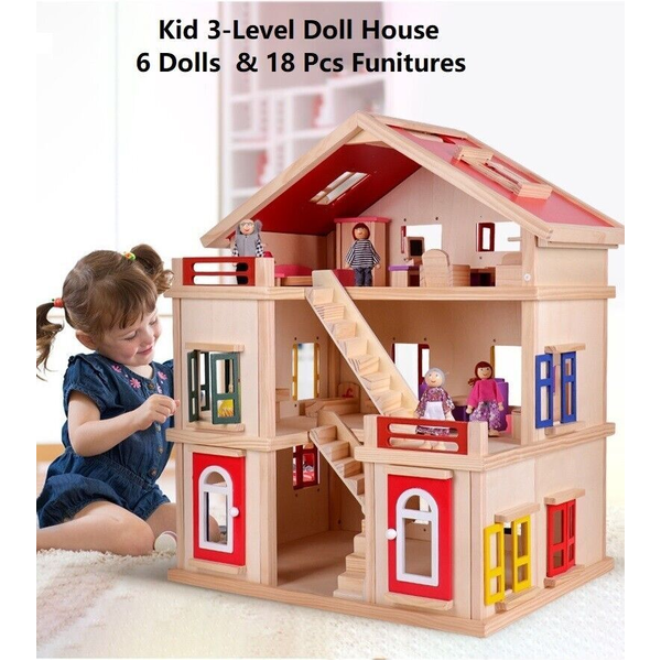 Kid Deluxe Pretend Toy Large Simulated Wood 3-Level Doll House 75cm &amp; Furniture -