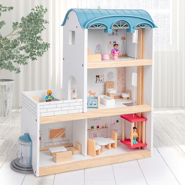 Wooden 3 Level Doll House Balcony &amp; Lift Kid Pretend Play Toy Full Furniture Set -