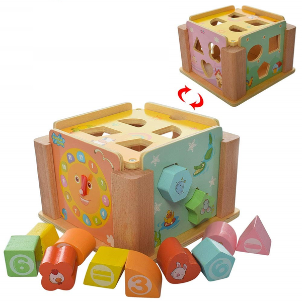 Kid Wooden Educational Toy Shape Color Sort Block Clock Intelligence Cube Box -