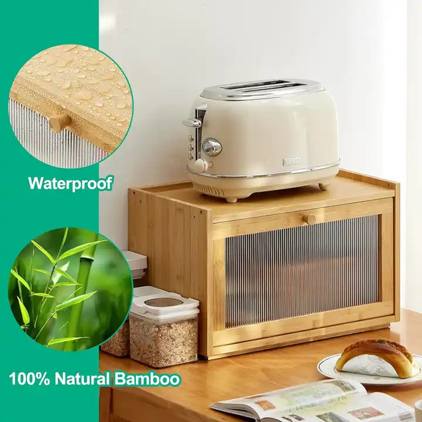 Kitchen Countertop Bamboo Enclosed Bread Box Kitchen Cupboard Pantry Storage Box