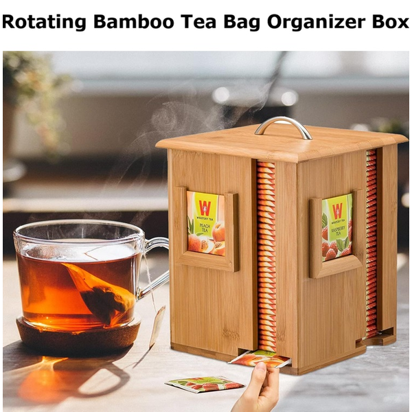Pure Bamboo Rotating Tea Box Holder 4-Side Tea Bag Dispenser Carousel Organizer