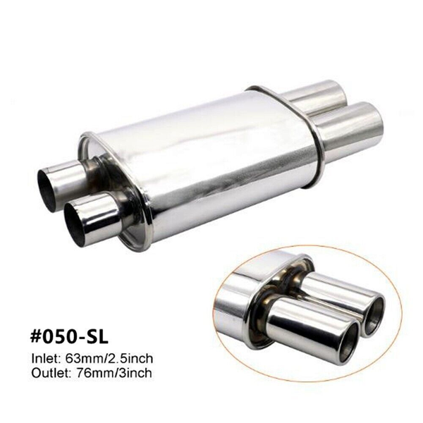Stainless Steel 2.5" Dual Inlet Outlet Exhaust Muffler Turbo Sound Oval Tailpipe #50
