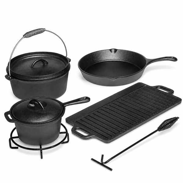 Cast Iron Camping Cooking Set Dutch Oven Skillet Griddle Saucepan Trivet Lifter