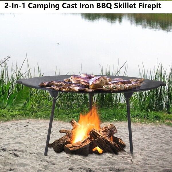 Tripod Cast Iron Camping BBQ Grill Campfire Gridle Skillet Sizzling Plate Pan