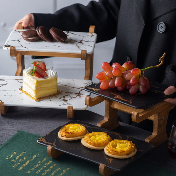 Ceramic 2 Tier Hi-Tea Cake Stand Plate Tray Slate Cheese Sushi Serving Platter