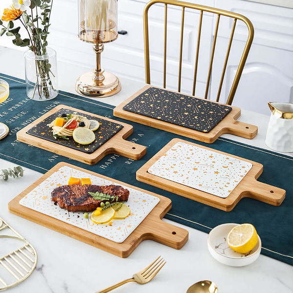 Ceramic Bamoo Paddle Serving Plate Tray Slate Steak Serving Platter Cheese Board