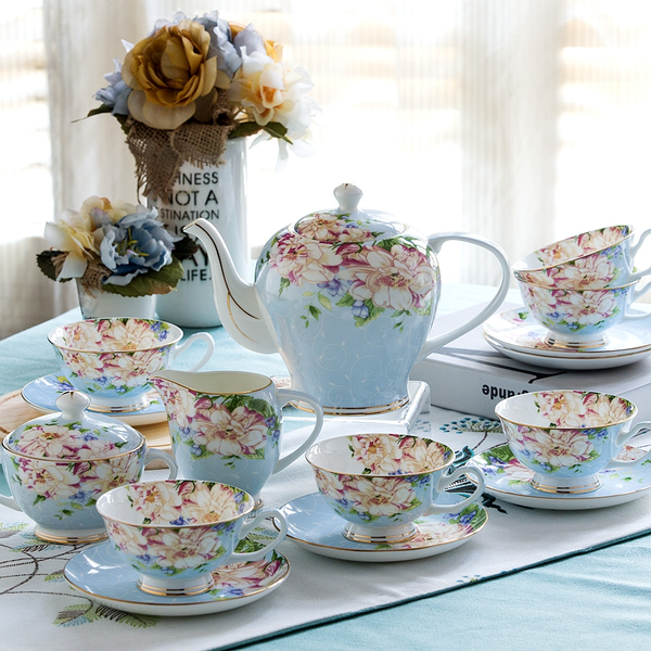 Elegant Fine Bone China Tea Set Coffee Afternoon High Tea Pot Cup Sauce Set 21pc