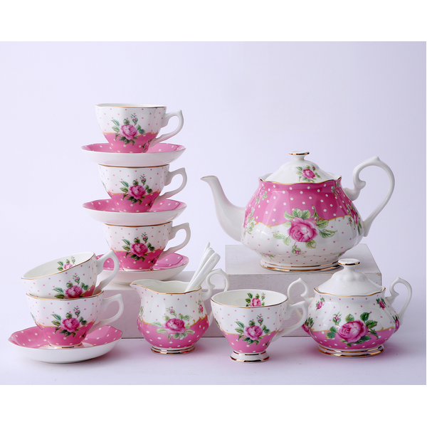 Elegant Fine Bone China Tea Set Coffee Afternoon High Tea Pot Cup Sauce Set 21pc