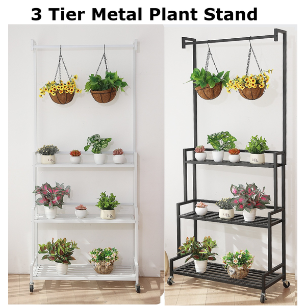 Metal Wheeled Hanging Plant Stand Rack Flower Planter Holder Pot Display Shelf