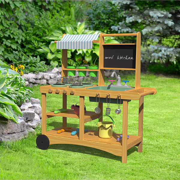 Kid Mud Kitchen Wooden Pretend Toy Sand Water Planting Play Kitchen Wheeled Cart