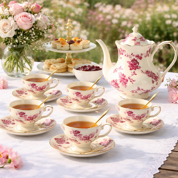 French Style Fine Ivory China Tea Set Coffee High Tea Pot Cup Sauce Set 19 pcs- FS13-2