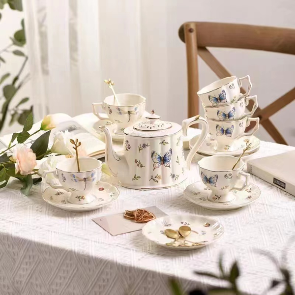 French Style Fine Ivory China Tea Set Coffee High Tea Pot Cup Sauce Set 19 pcs- FS13-3