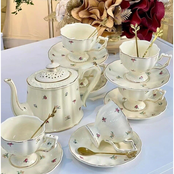 French Style Fine Ivory China Tea Set Coffee High Tea Pot Cup Sauce Set 19 pcs- FS13-4