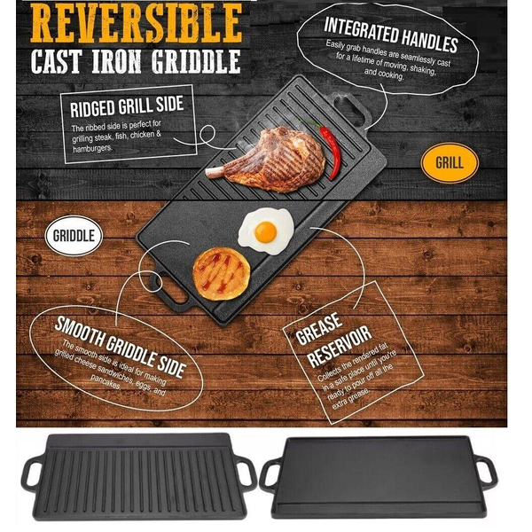 2-Side Cast Iron 2-IN-1 Korea BBQ Sizzling Fry Pan Skillet Griddle Grill Plate