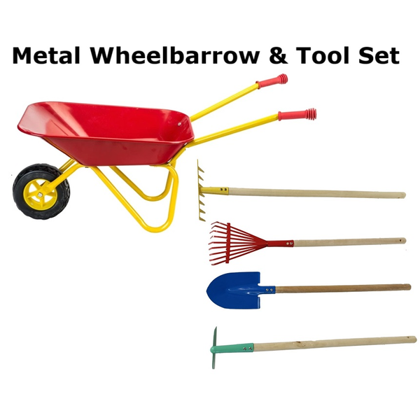 5pc Kid Metal Wheelbarrow Garden Cleaning Tool Set Real Working Pretend Play Toy