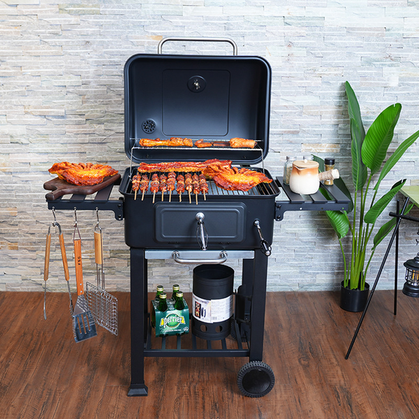 NEW Large Charcoal BBQ Grill Smoker Outdoor Barbecue Lid Thermometer Wheel Shelf