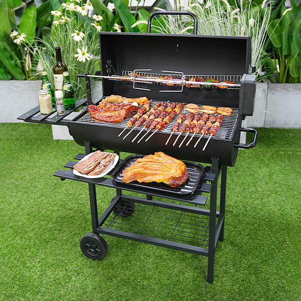 Outdoor Barrel Hood Charcoal BBQ Grill &amp; Spit Roaster Rotisserie Barbecue Smoker