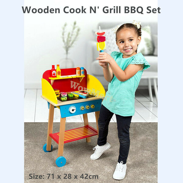 Kid Pretend Toy Wooden Cook N’ Grill BBQ Set Wooden Food &amp; Tool &amp;gt;30pc 71x28x42cm -