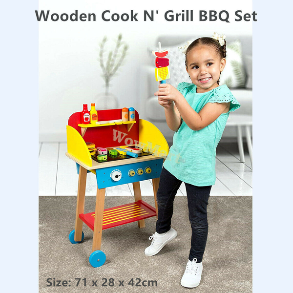 Kid Pretend Toy Wooden Cook N?? Grill BBQ Set Wooden Food &amp; Tool &amp;gt;30pc 71x28x42cm -