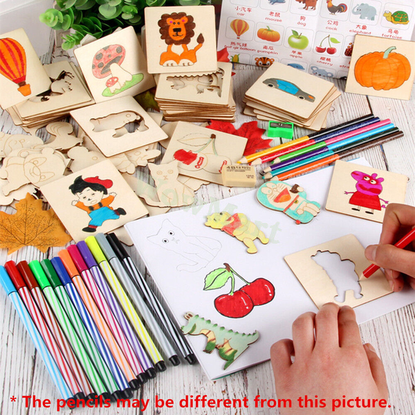 Kid Early Education Art Toy Wooden Drawing Stencil Mould Colouring Pen Set &amp;gt;80pc -